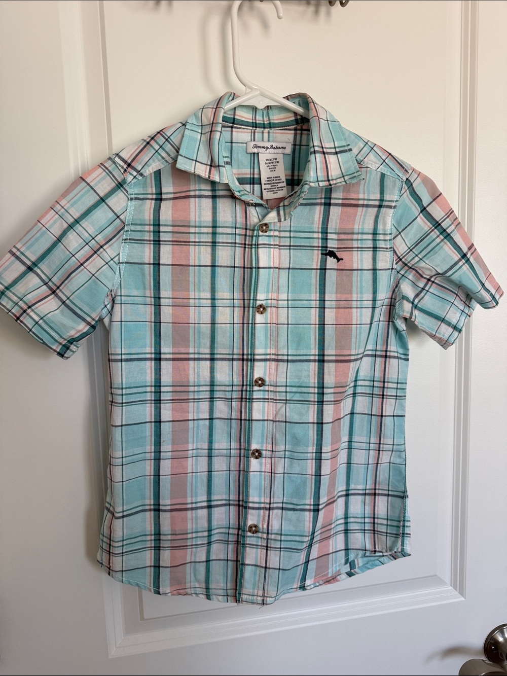 Boys Tommy Bahama Short-Sleeve Plaid Shirt in Teal & Pink